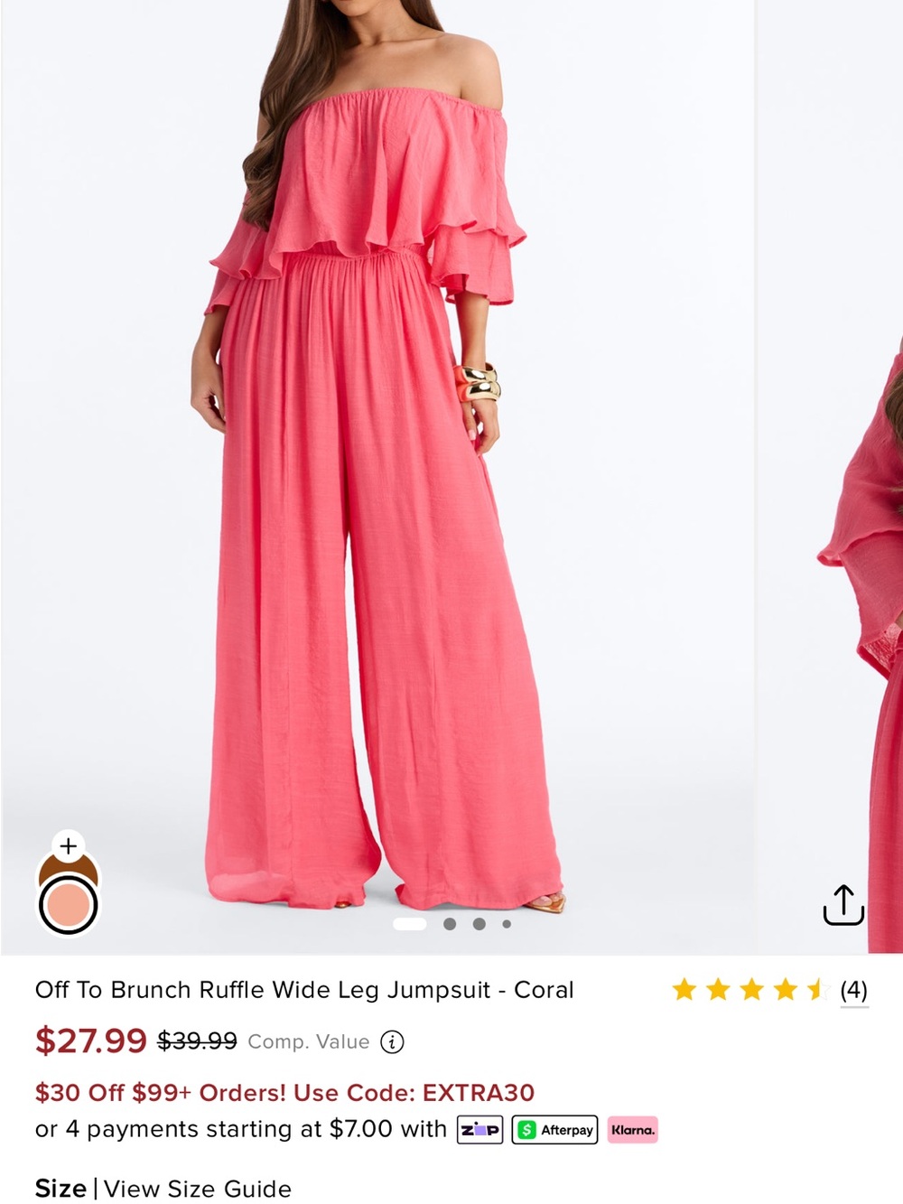 Fashion Nova Coral Off-Shoulder Ruffle Wide-Leg Jumpsuit